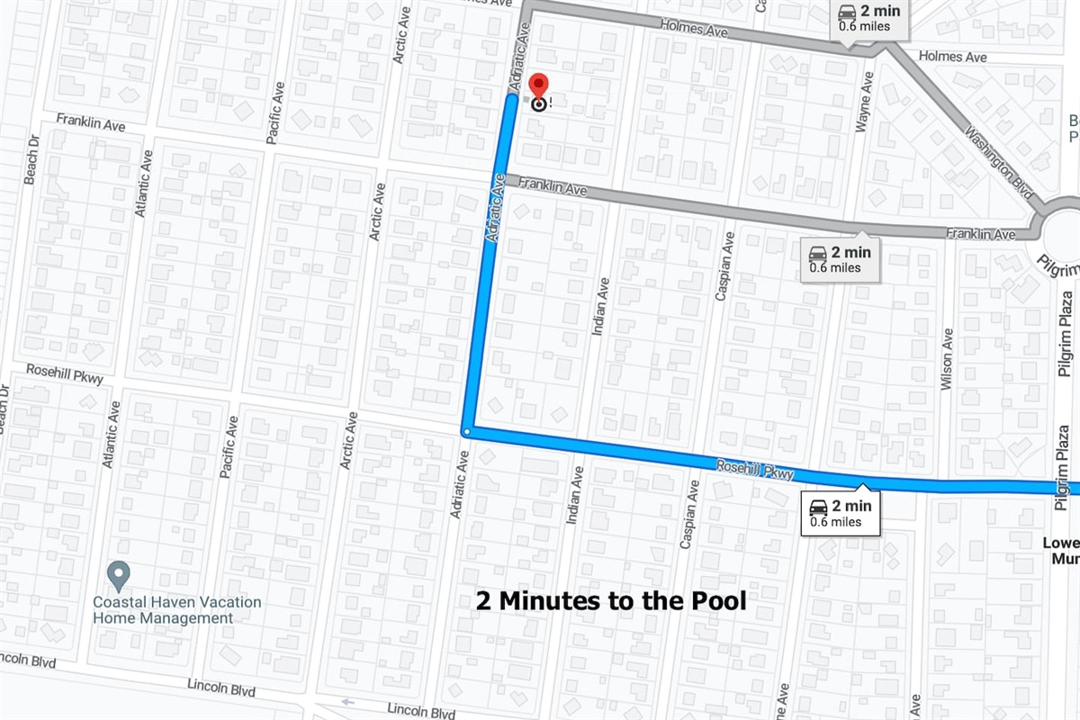 Our home is perfectly situated for summer fun! As shown in the map, you are just a quick 2-minute drive (0.6 miles) away from the local pool, ensuring you spend less time traveling and more time relaxing.