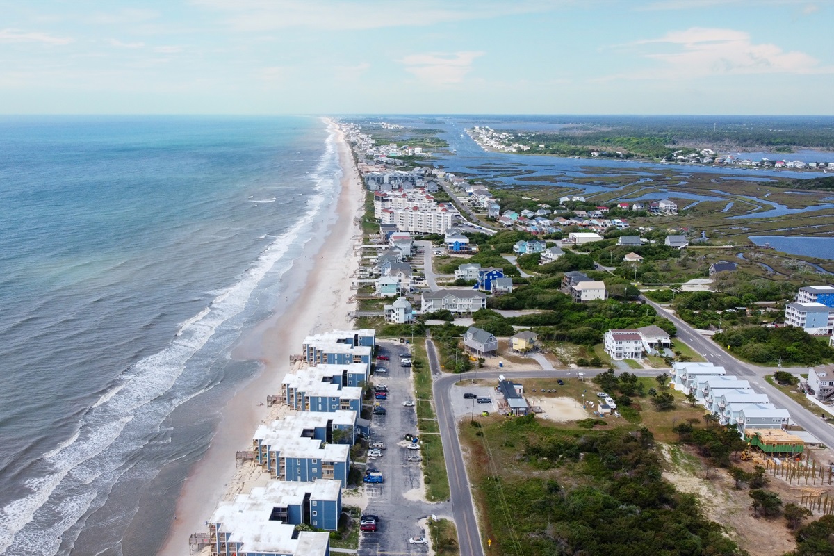 Drone image of Building 7 looking south down Topsail island