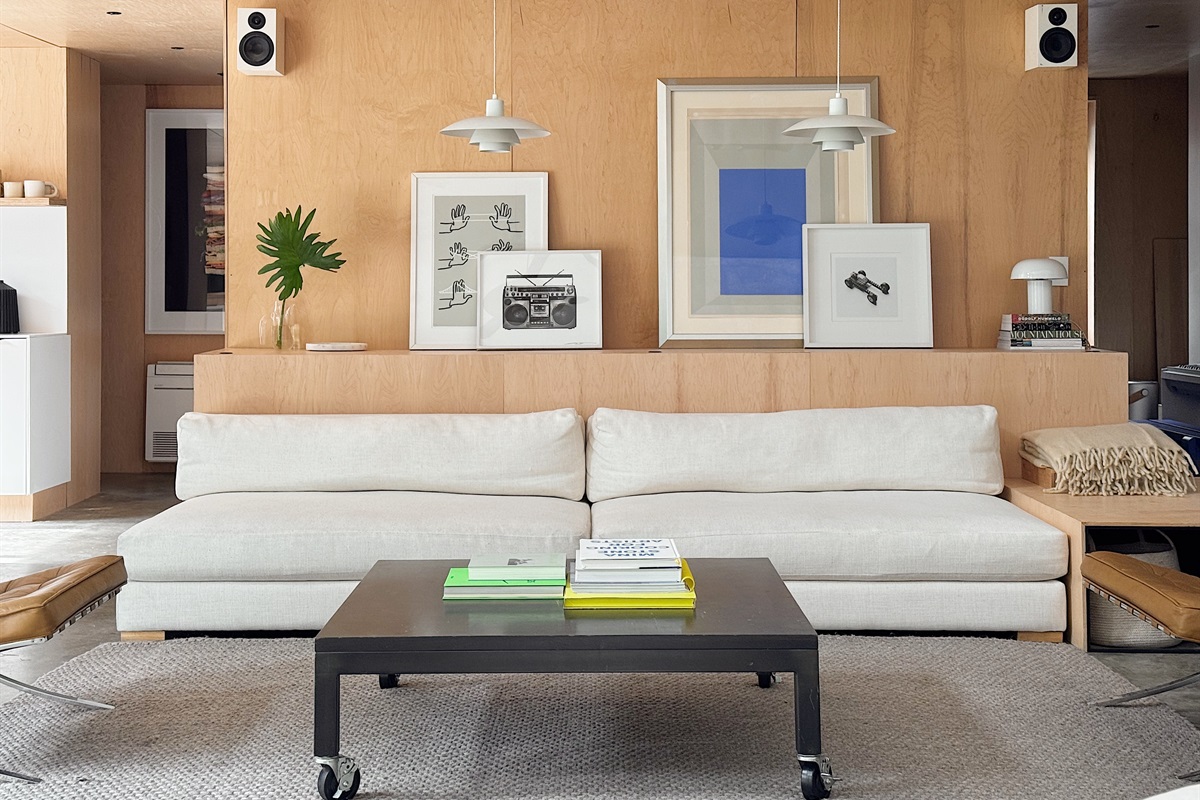 Couch with surround sound for watching movies on the big screen.