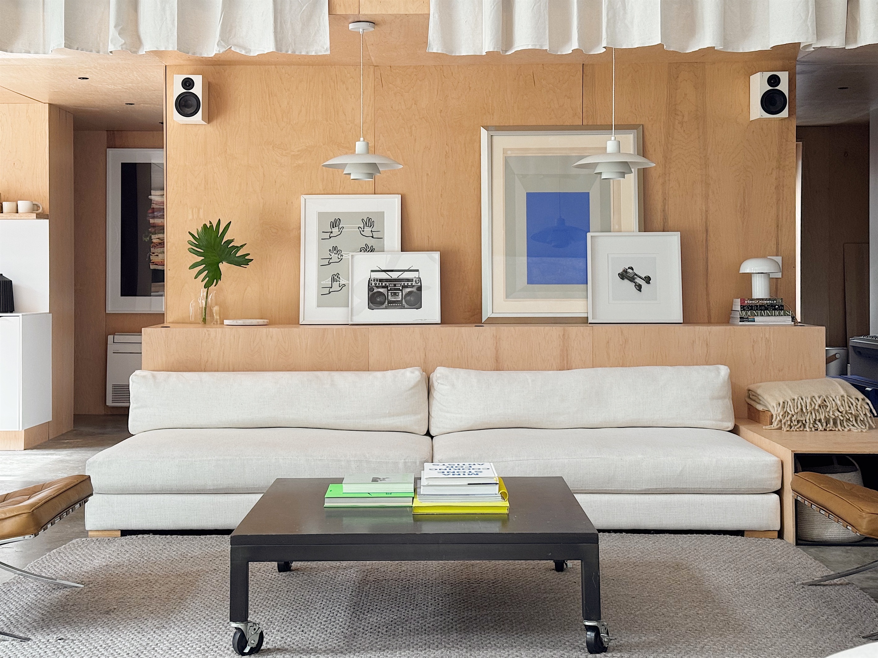 Couch with surround sound for watching movies on the big screen.