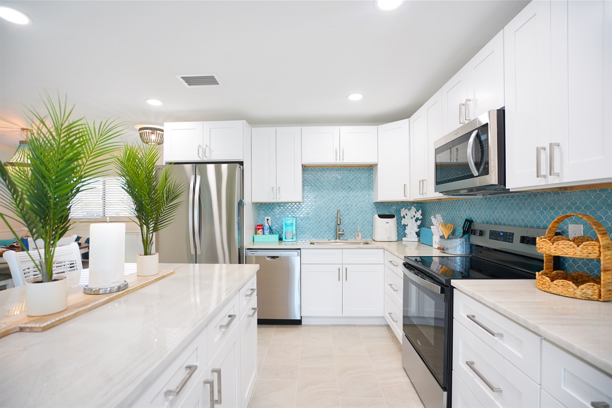 Bahia Breeze's 2025 renovated kitchen with all new appliances make cooking in a joy.