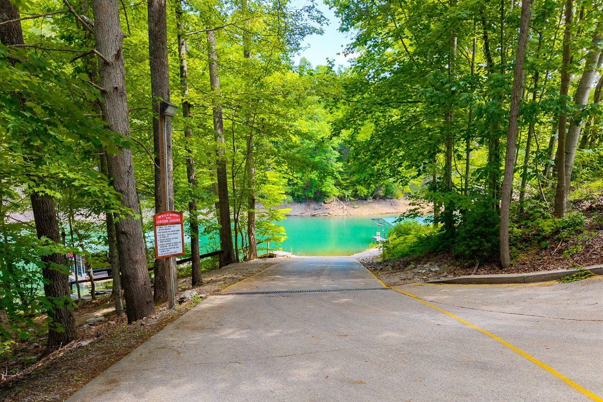 Boat launch access to lake and boat slip.