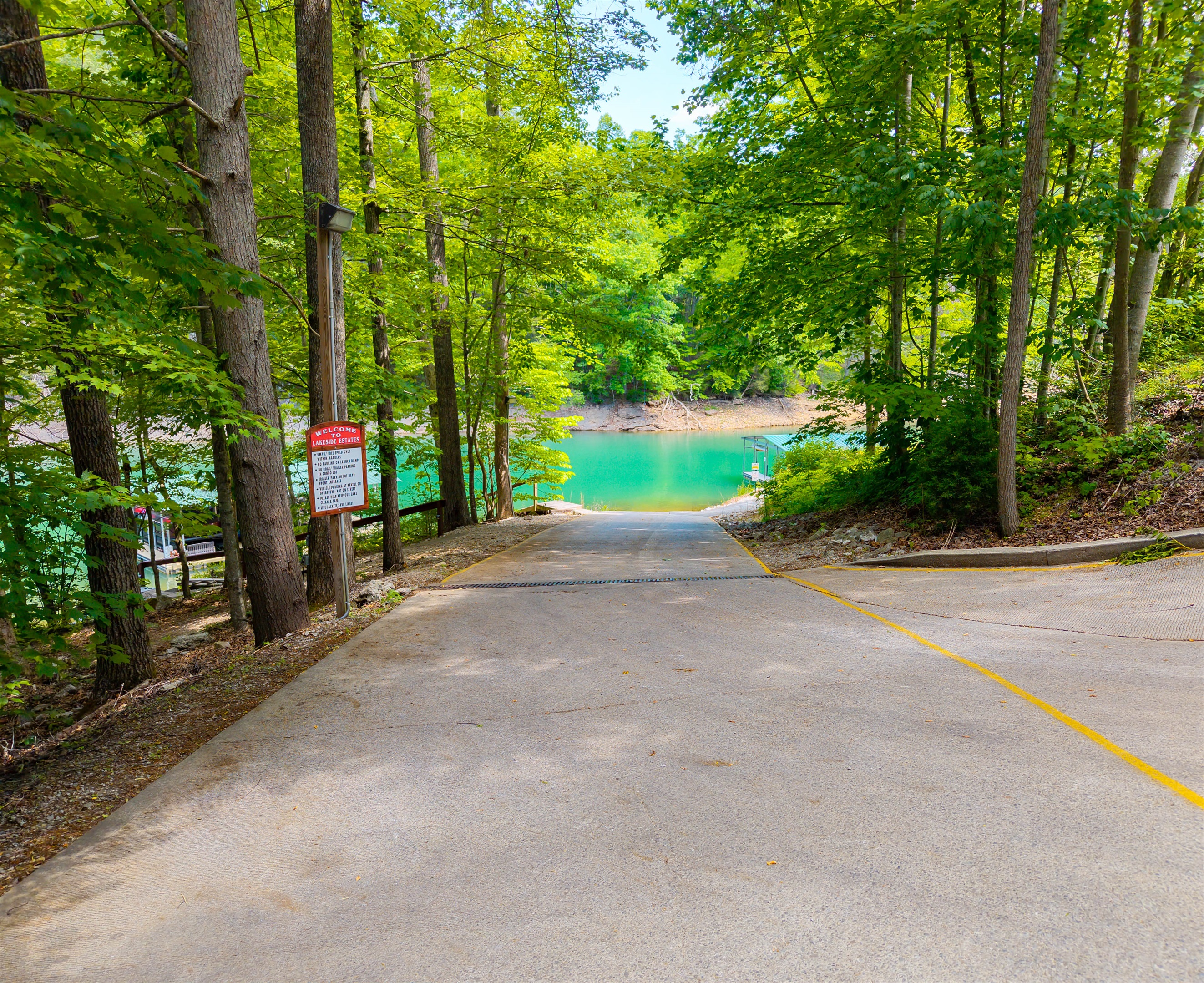 Boat launch access to lake and boat slip.