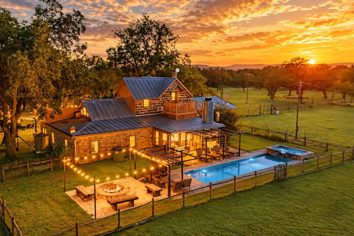 Five-bedroom farmhouse, pool, fire pit, game barn. All yours.