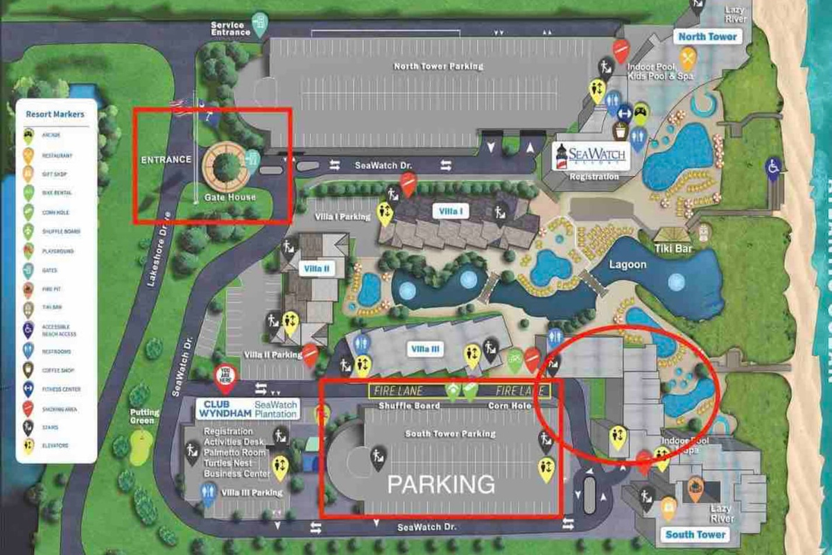Overhead map of resort. Circled in red is entrance, parking garage, and building where condo is located (South Tower). 