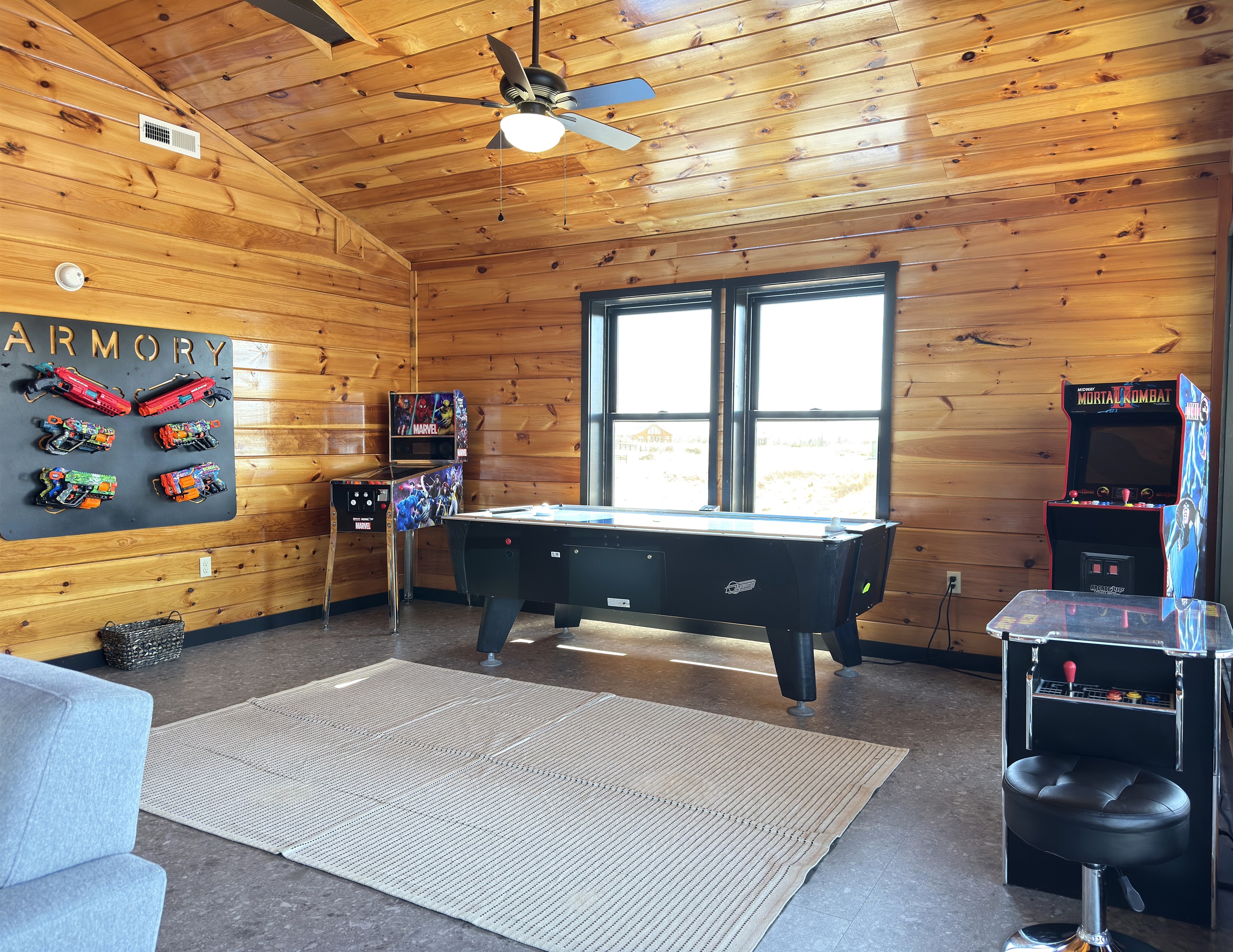 In our game room we have retro arcades + a commercial air hockey table and nerf blasters!!