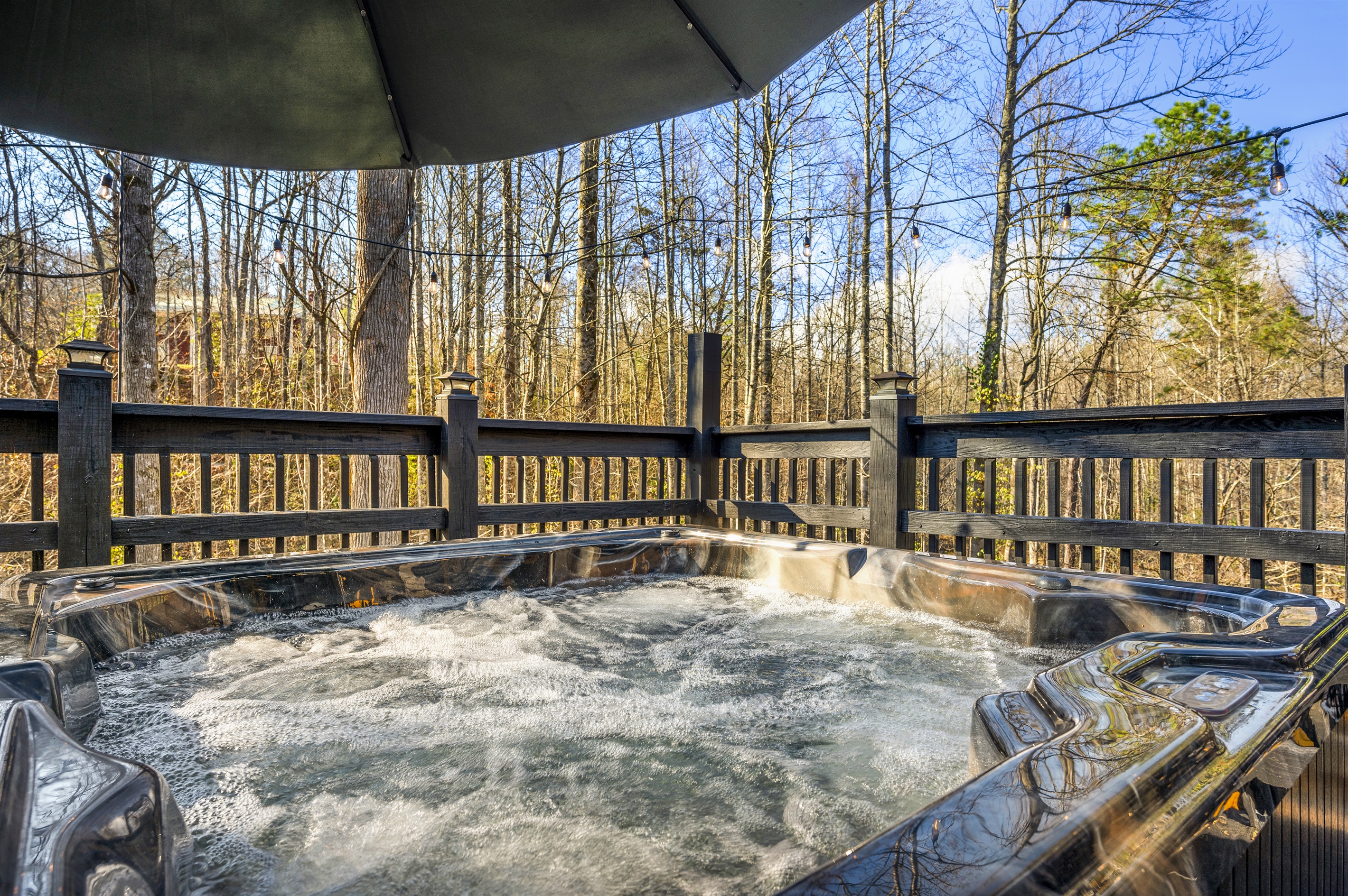 Relax in a Spa (Hot Tub) on the deck in the woods. This Spa is the perfect place to reconnect with your friends and family, it can seat up to 6 people.