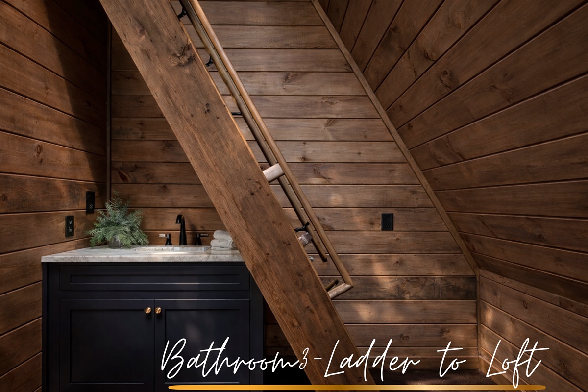Sleek simplicity for mid-day refresh. Shared half bath located conveniently down from the 3rd level loft king bedroom. 
(NOTE *ladder going to 3rd king bedroom*)