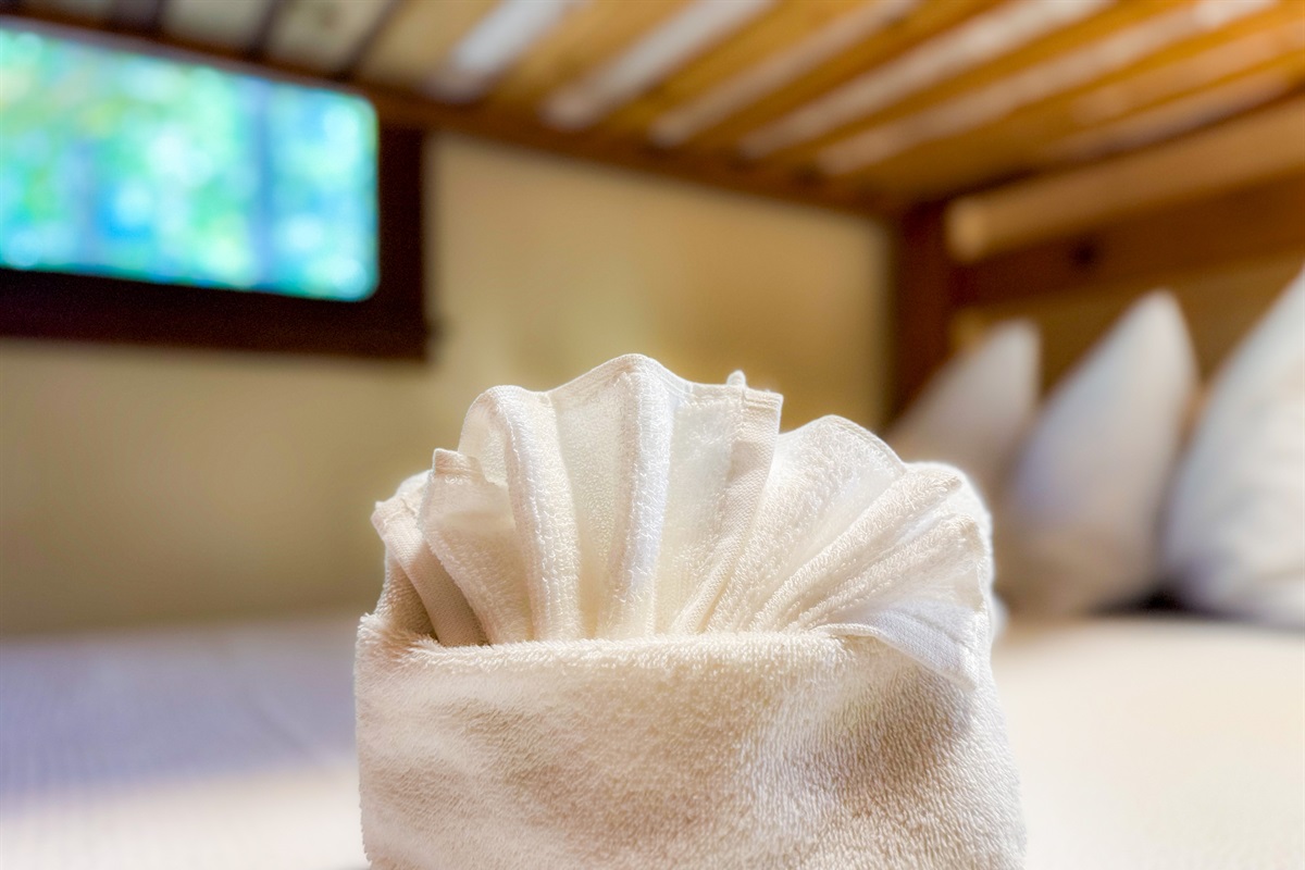 one set of bath towels per guest as well as 4 pillow per full/queen size bed.