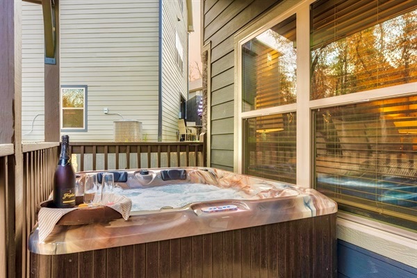 Soak in the relaxing hot tub with soothing jets and vibrant LED lights after a long day of adventure. Perfect for unwinding under the stars with a glass of wine, this cozy outdoor retreat offers comfort and tranquility just steps from your door.