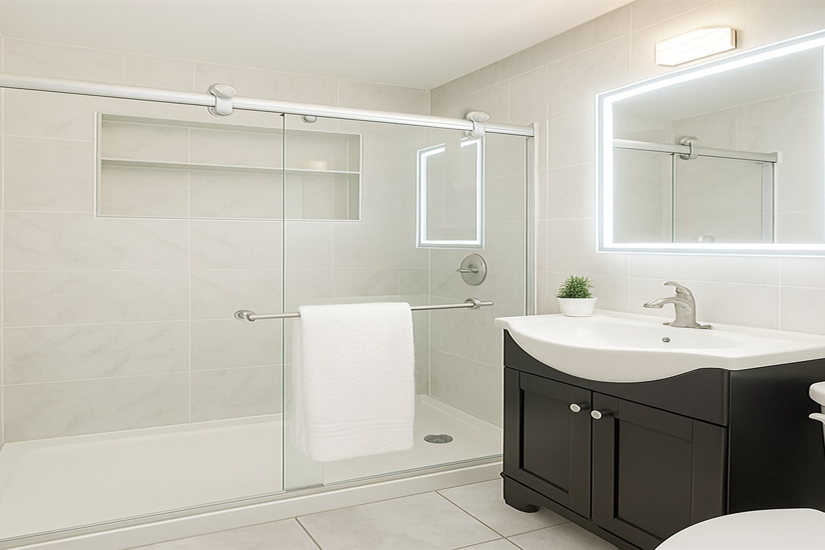 Crisp, modern bathroom with sleek tiles, illuminated mirror and glass shower—refresh after a day at Madeira Beach and John's Pass in our Seminole home.