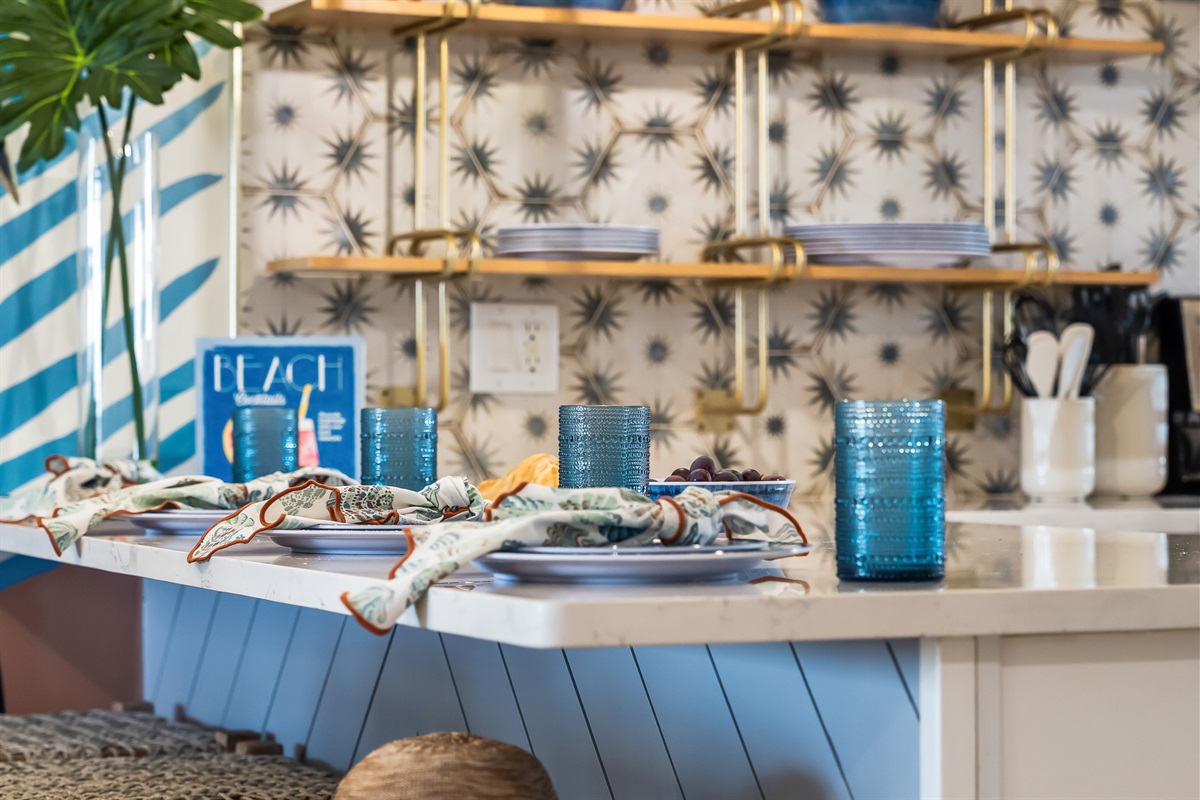 Breakfast bar with dishware ready.