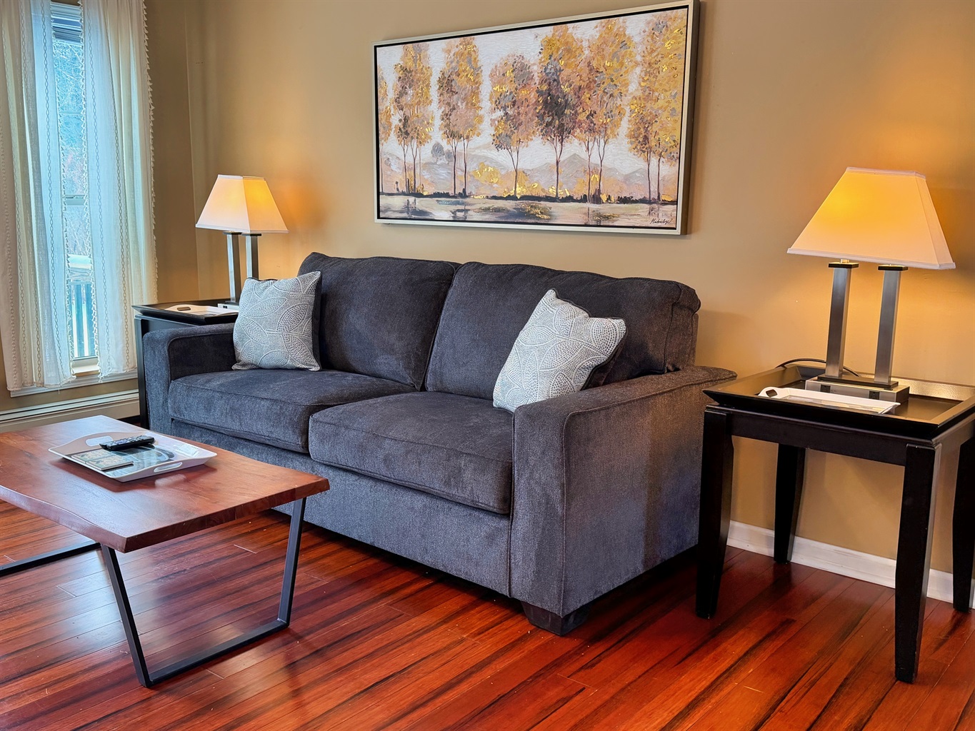 Light filled living room with Smart TV. 