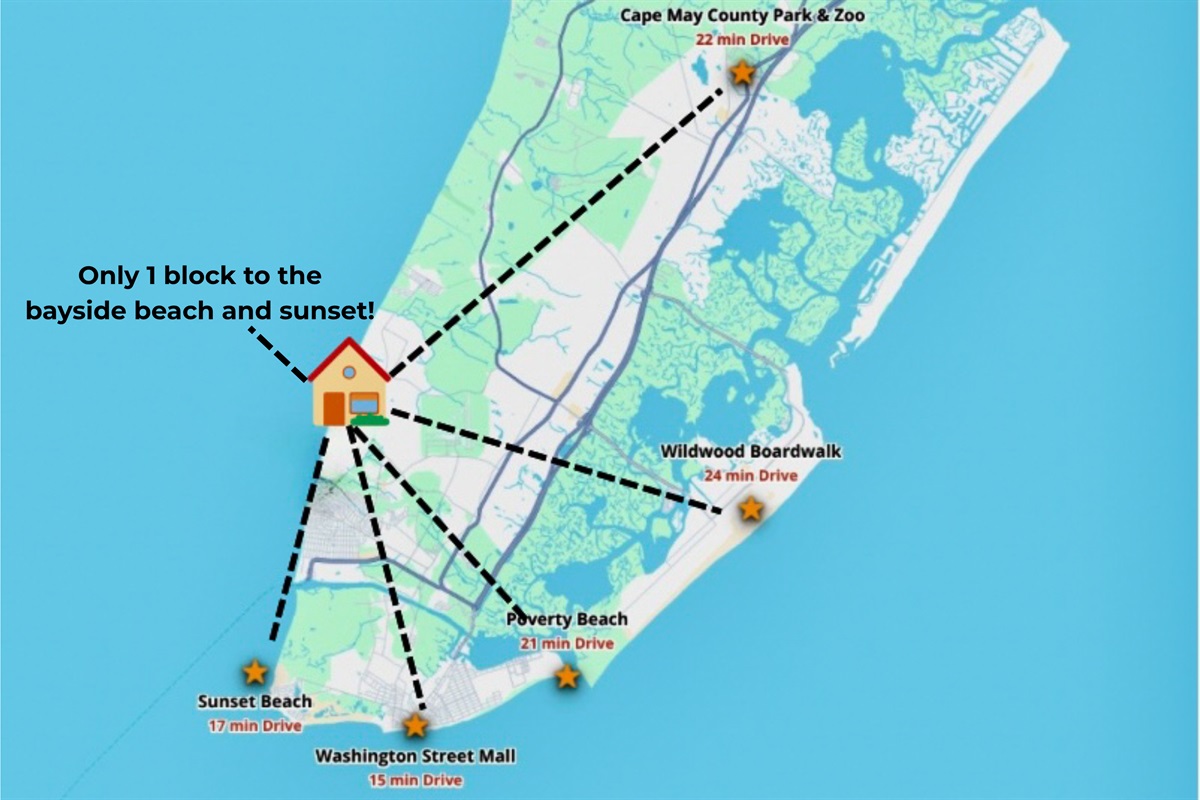 Steps away from the most beautiful bayside beach, Avalon road is a quick ride to everything (drive times are estimated to include traffic)