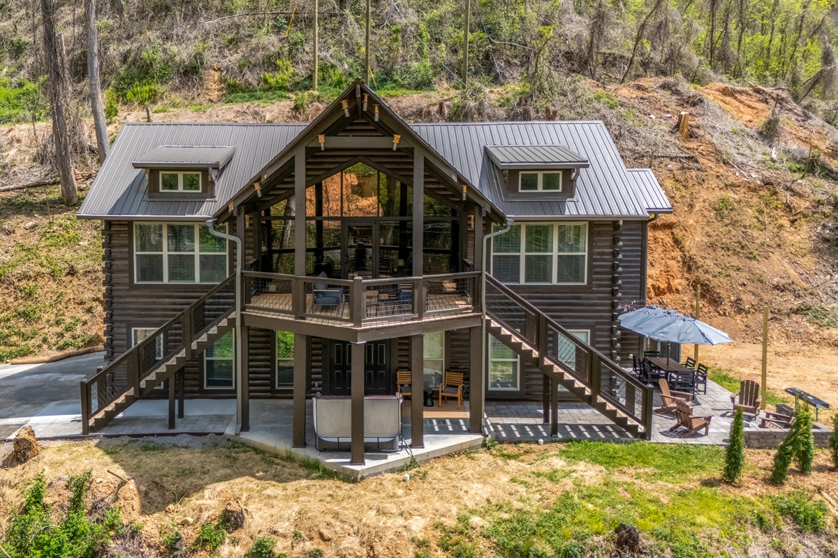 Two stories on a large, secluded property. Deck, hot tub, outdoor eating area.