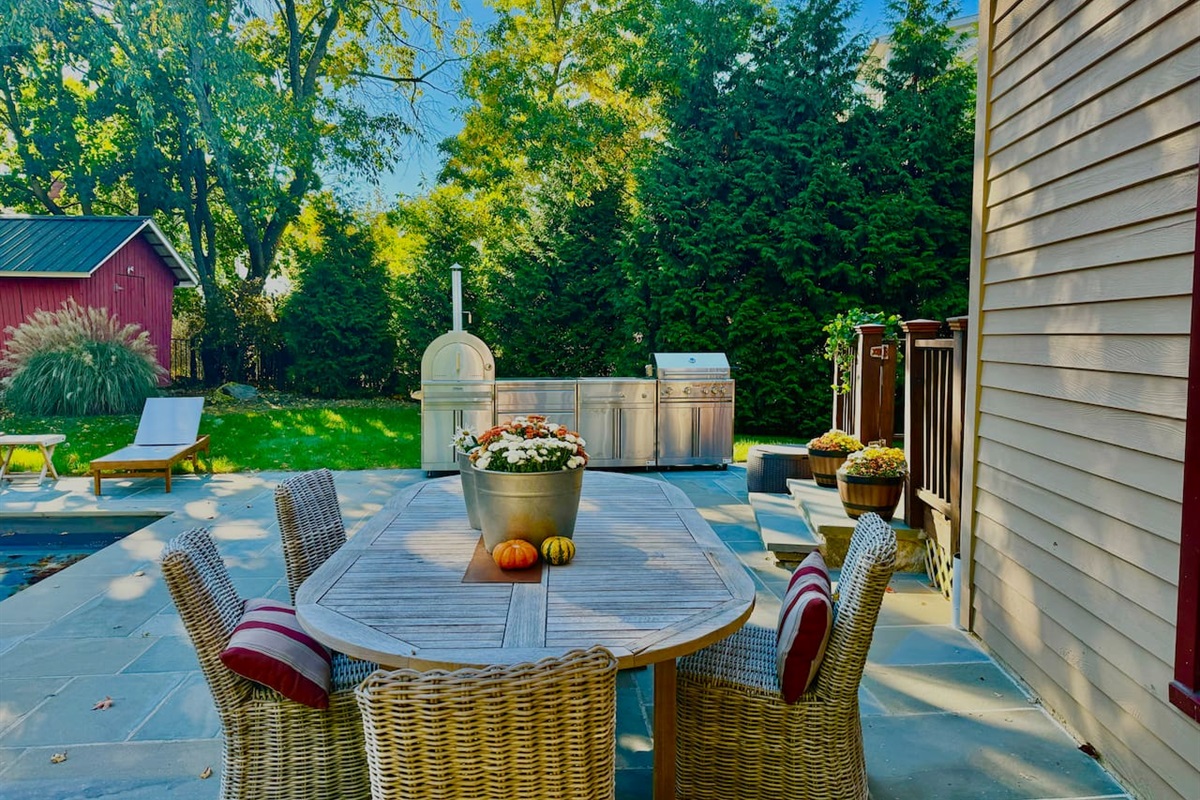 Outdoor table, outdoor kitchen with a grill and pizza oven