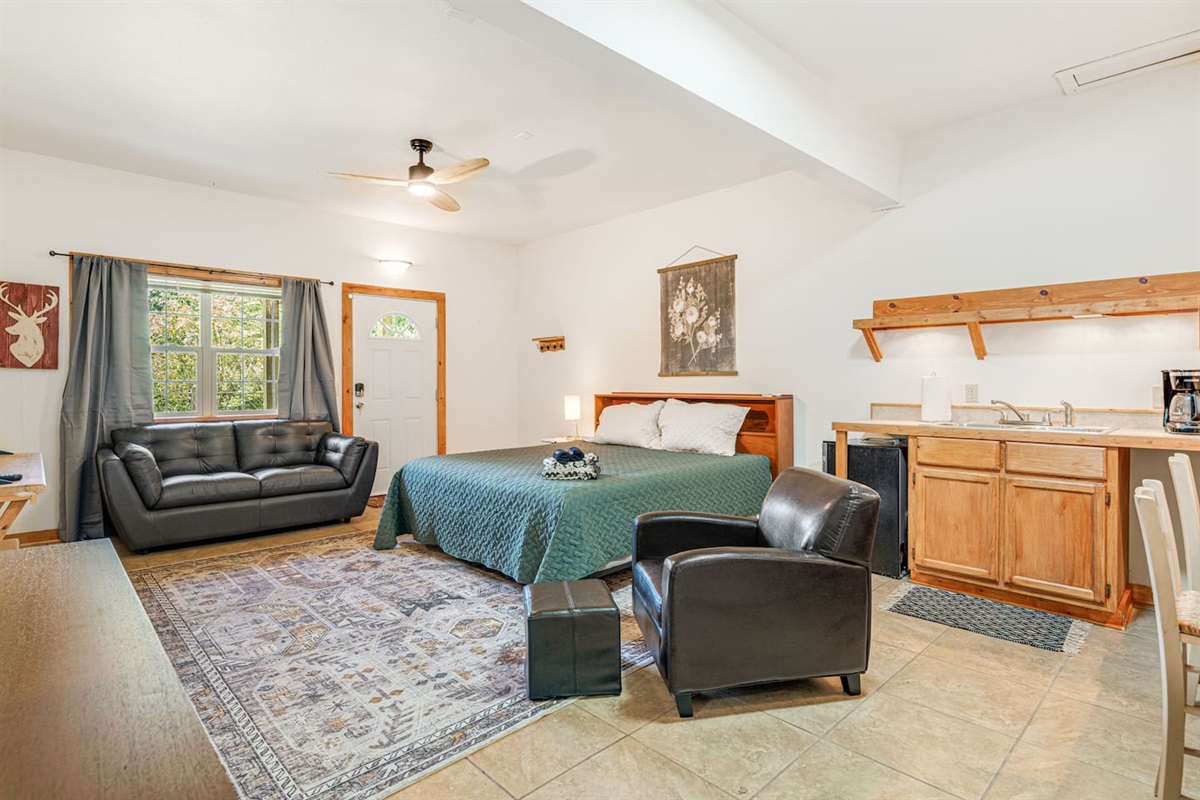 Step into this inviting lower-level retreat, where a plush bed promises restful nights, a comfy sofa invites you to unwind, and a TV sets the perfect mood for relaxation.