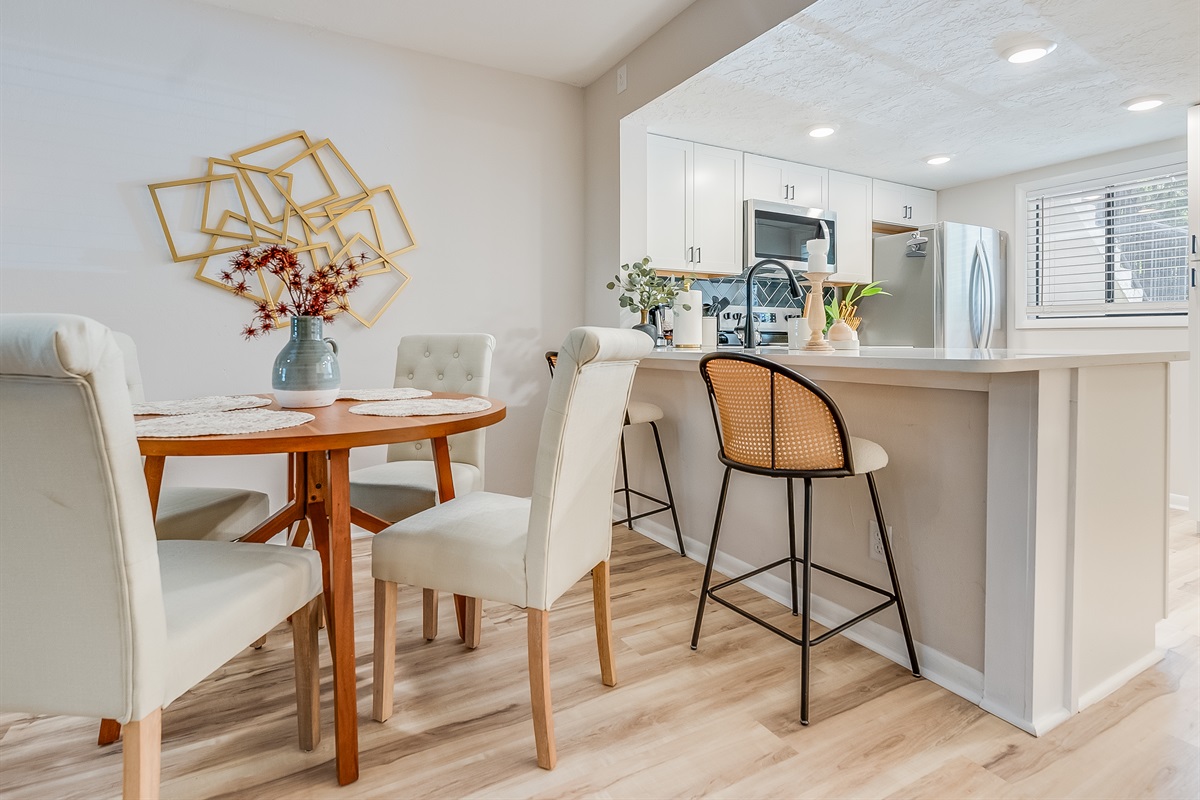 Gather around the dining table for relaxed meals or remote work.