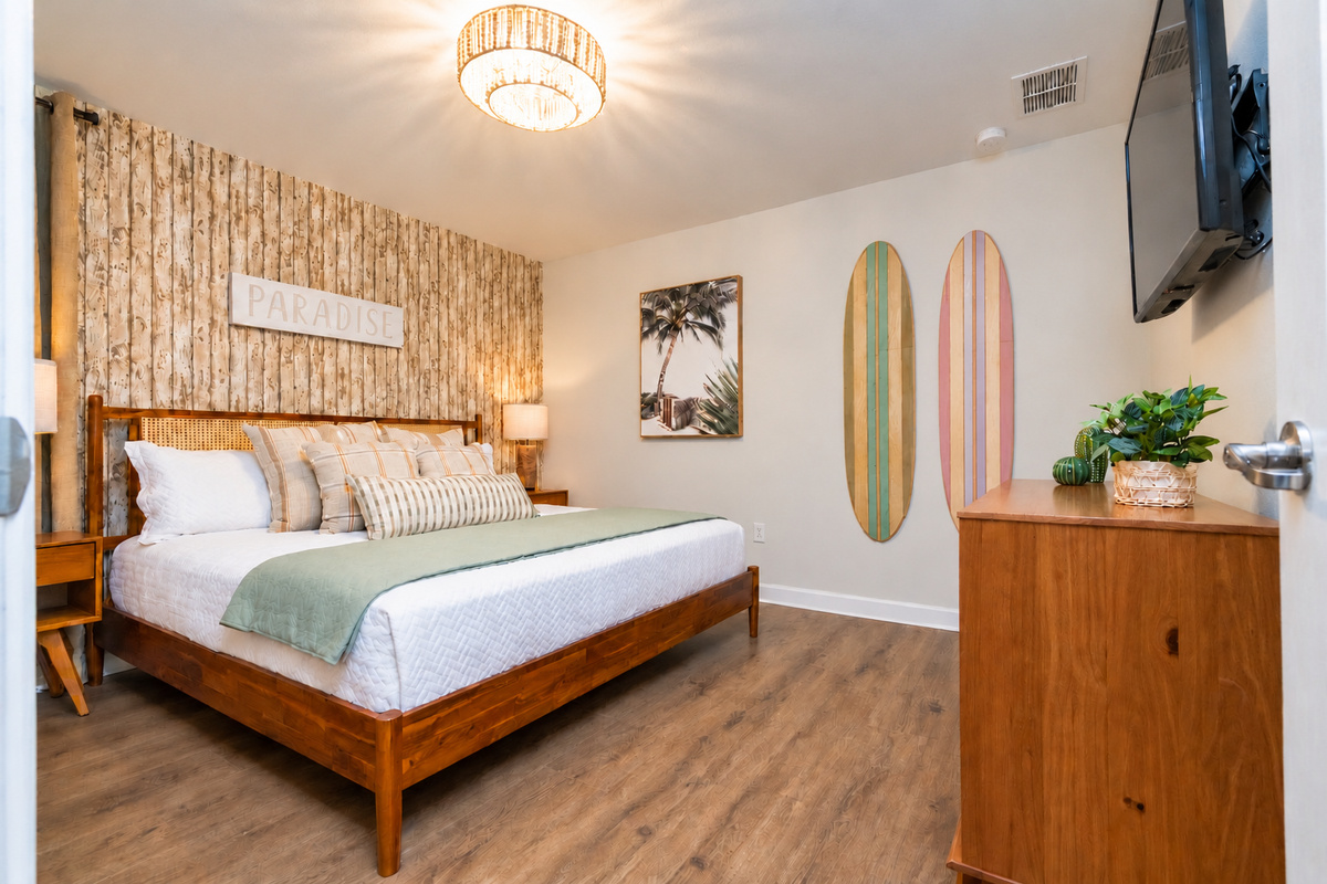 The ceiling light doubles as a fan for added comfort.