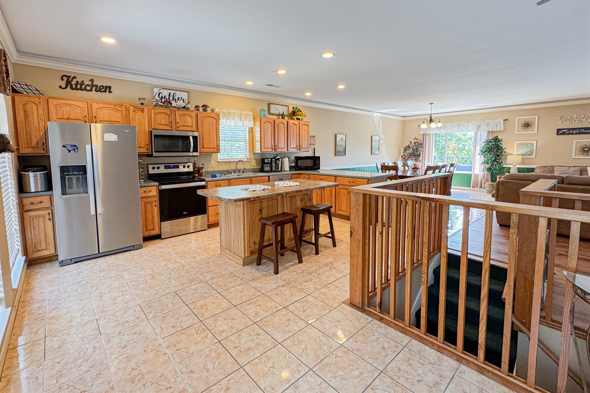 Kitchen is well-equipped to make great meals for the whole gang! Complete with dishes, glassware, utensils, and small appliance for nearly every need!
