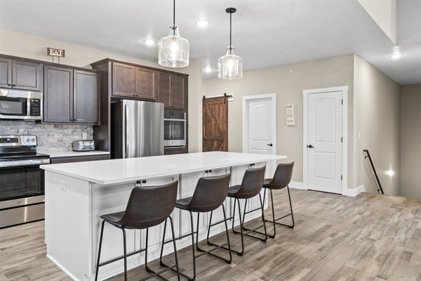 Kitchen island seats four.