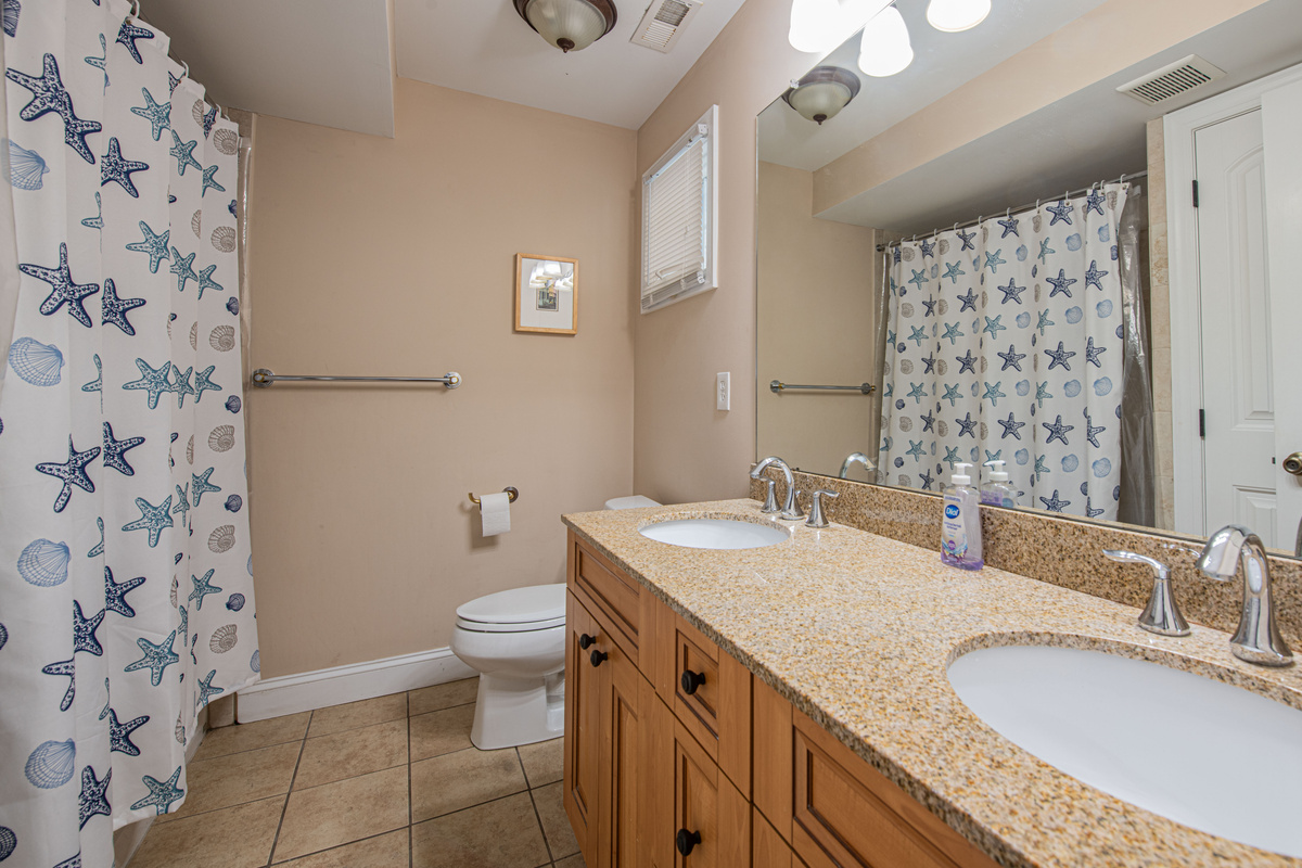 Bathroom 1 Vanity, Dual Sinks, and Shower