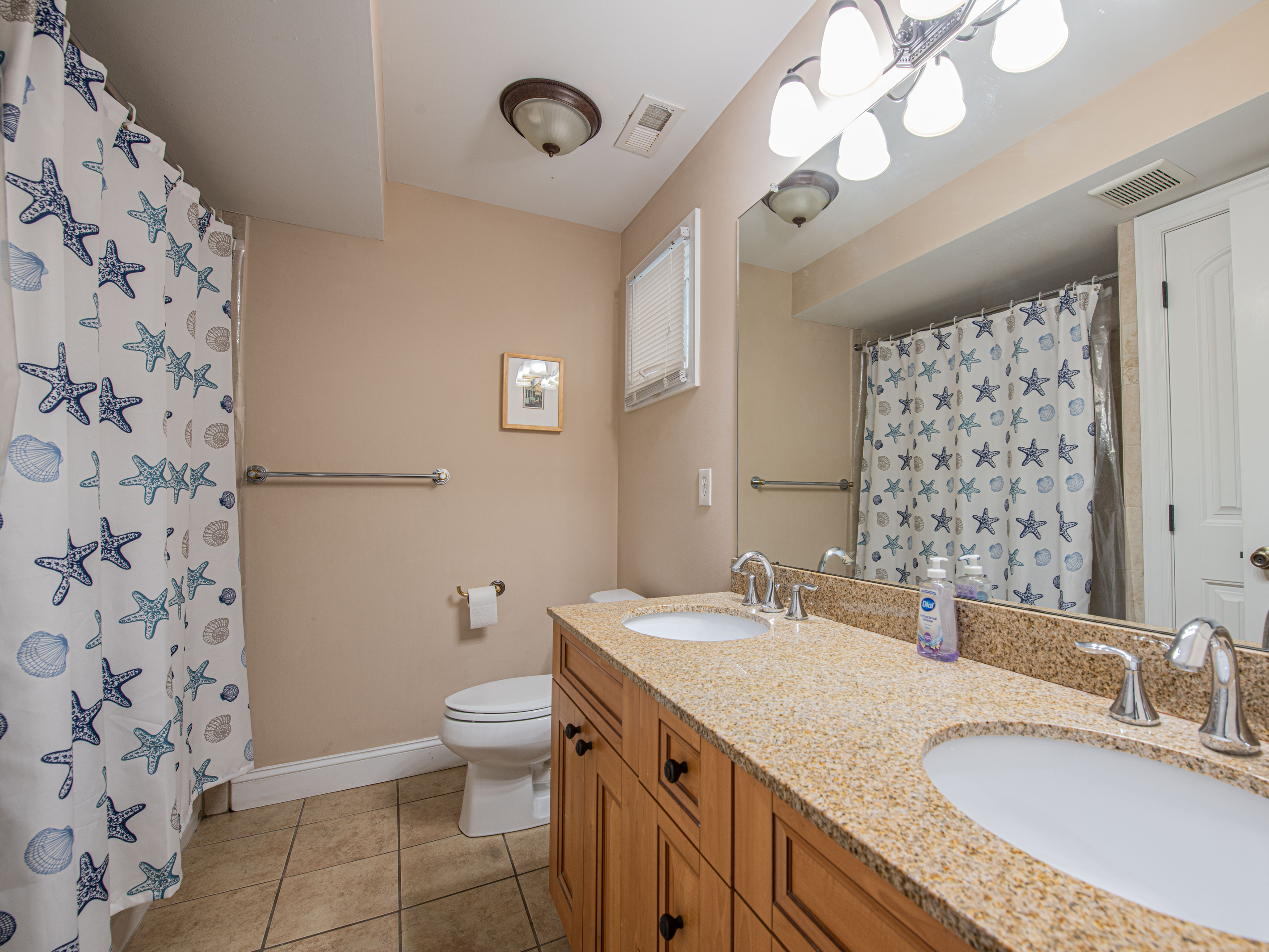 Bathroom 1 Vanity, Dual Sinks, and Shower
