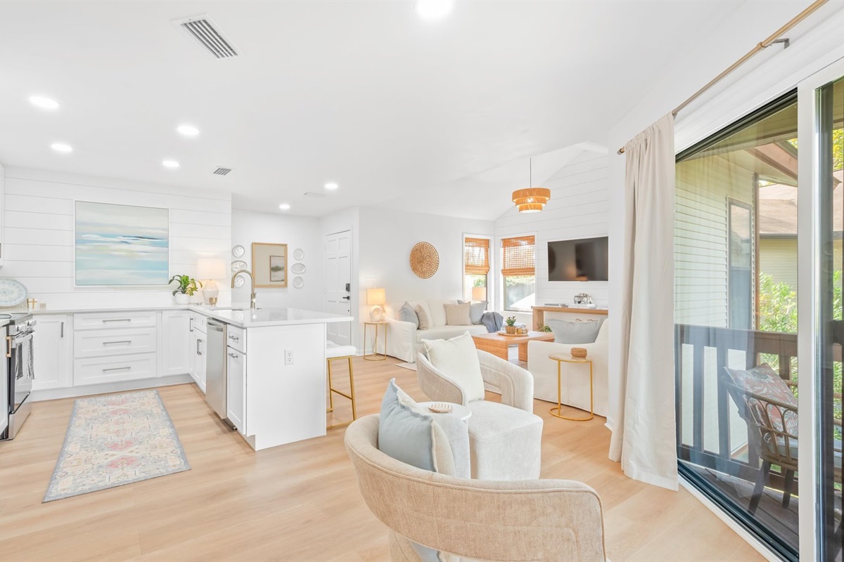 Sunny living, dining spaces