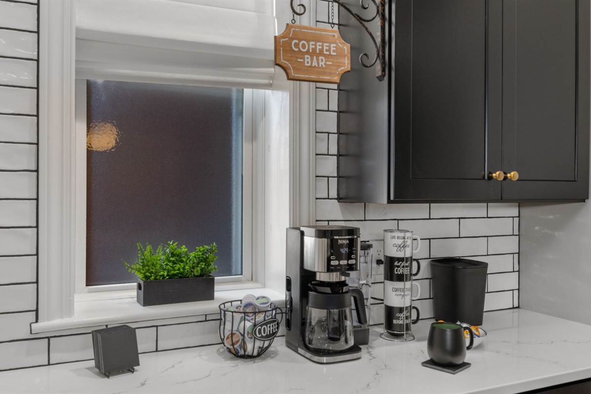 Explore the coffee bar for a variety of coffee strengths, teas, and even hot chocolate.  Brew from pods or grounds! A variety of sweeteners and creamers are also provided.