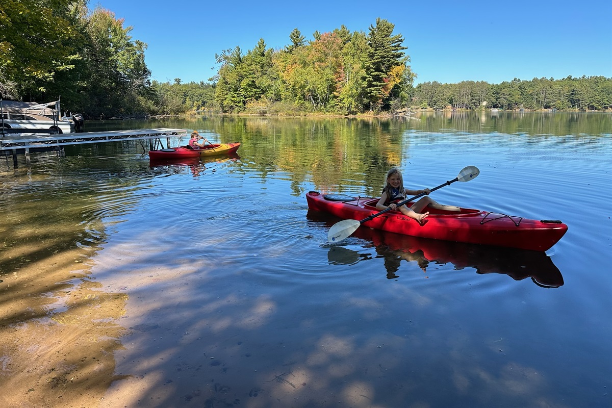 Check out the sandy bottom and clear water! Two full-size kayaks, two kid's kayaks, a peddle boat, and canoe are provided.