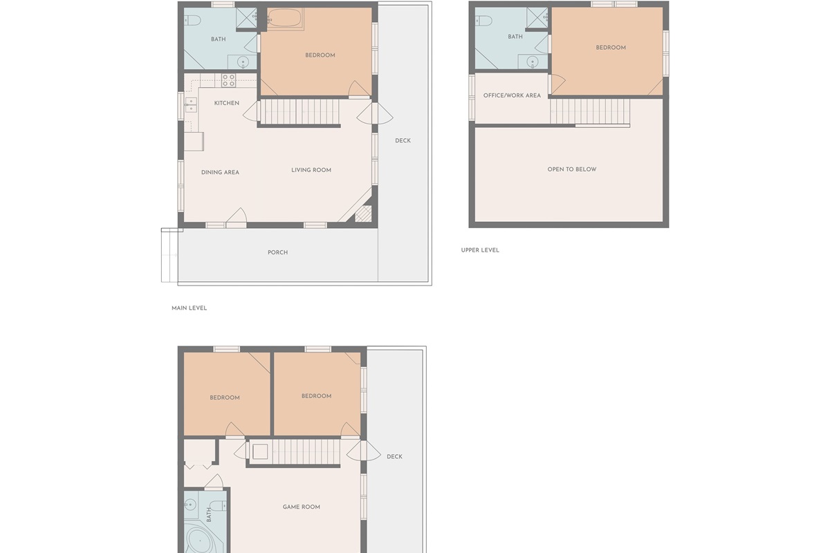 All three floors of Yellow Birch Cabin.