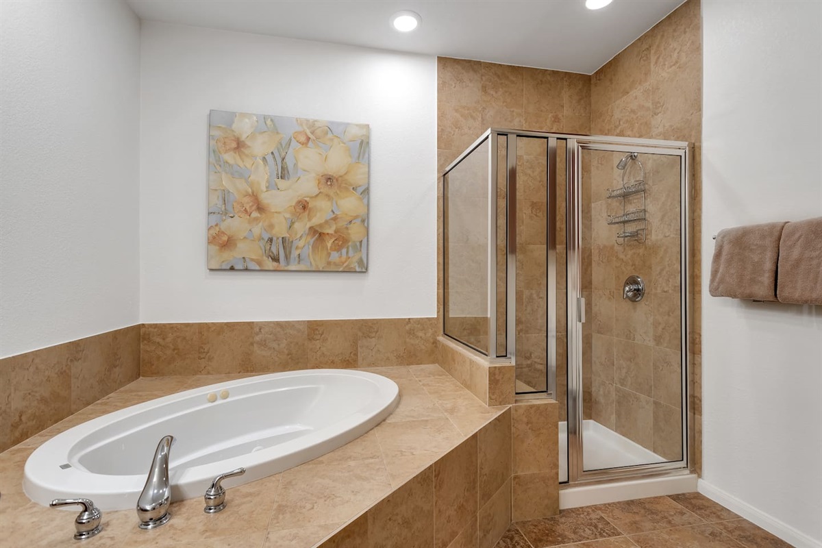 Double Vanity, Jetted Tub, and Walk-in Shower