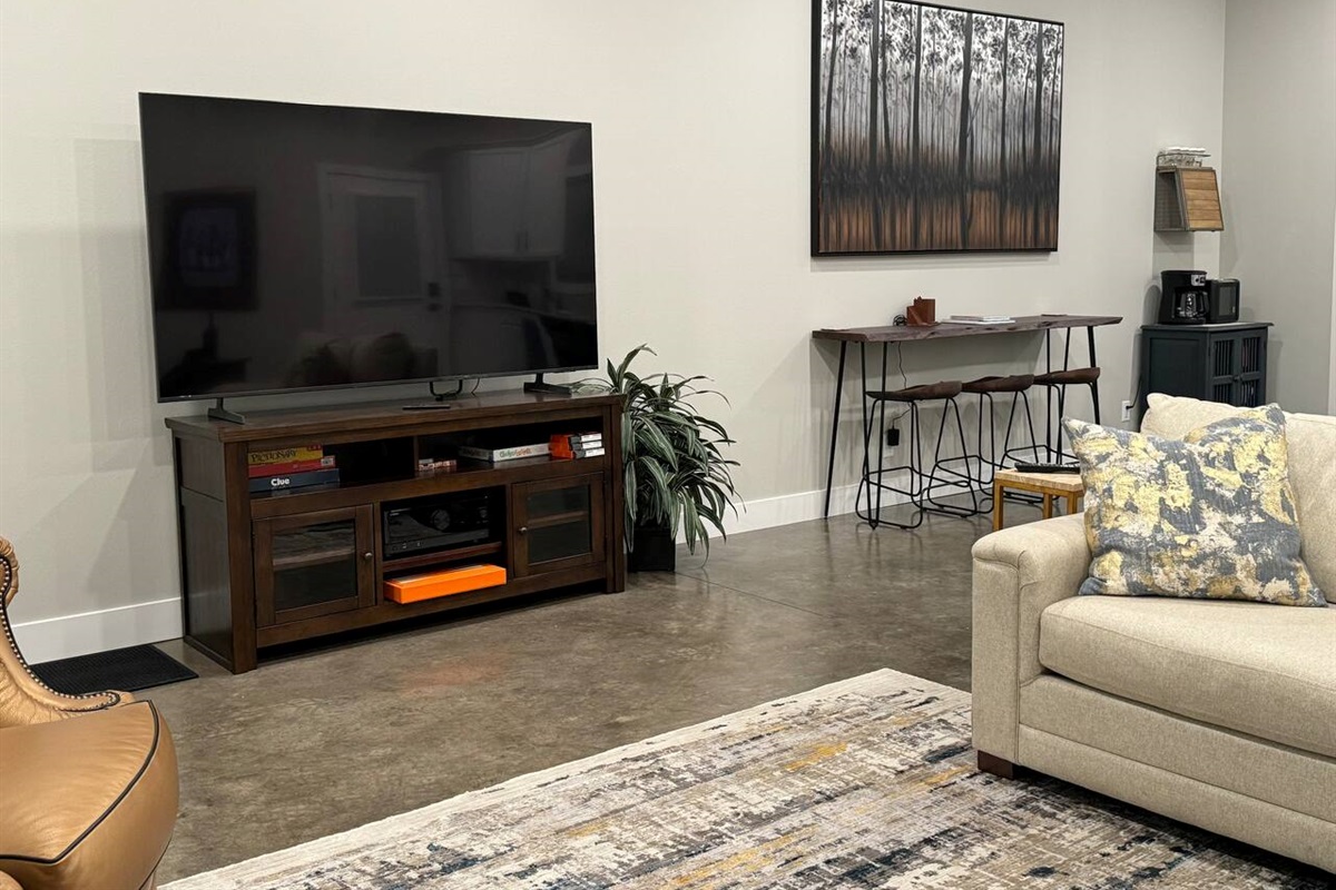 SmartTV, Pioneer speaker system, board games, and cards for your entertainment on those rainy days or evenings.  