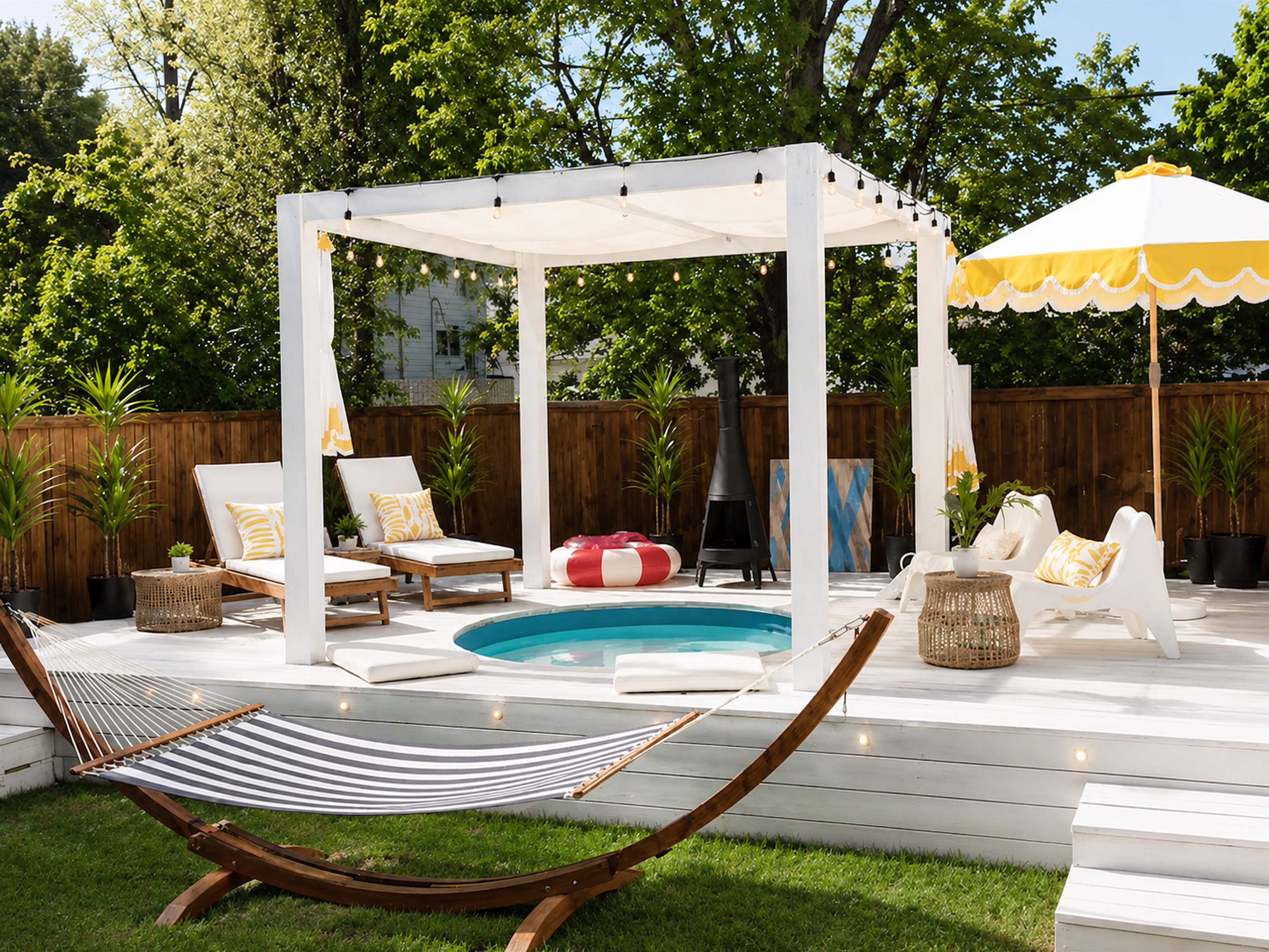 Private backyard retreat featuring a spa plunge pool, shaded cabana lounge, hammock, and resort-style outdoor seating
