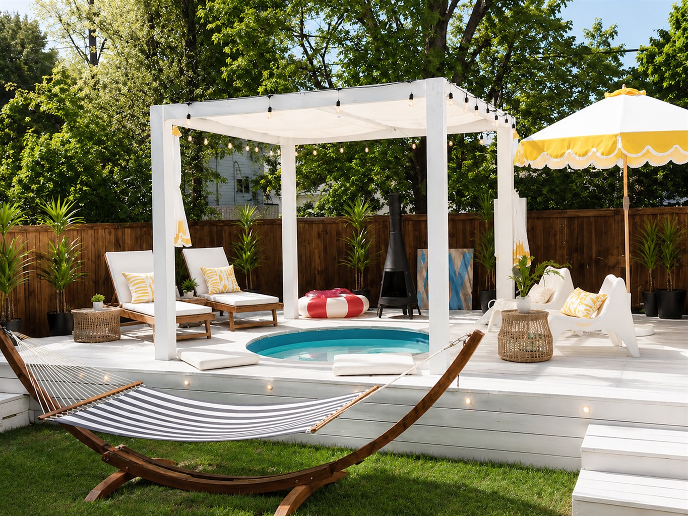 Private backyard retreat featuring a spa plunge pool, shaded cabana lounge, hammock, and resort-style outdoor seating