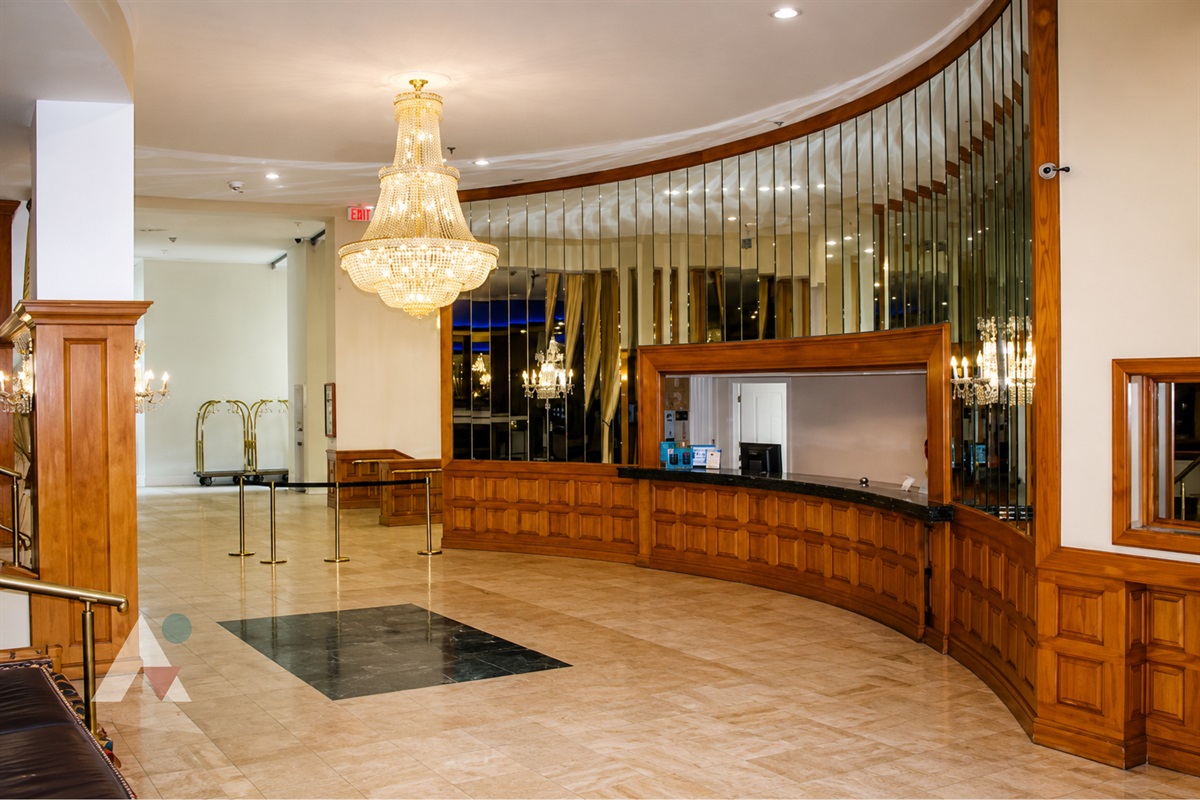 The elegant main lobby and Welcome Center, where guests check in and pick up their building access fobs.