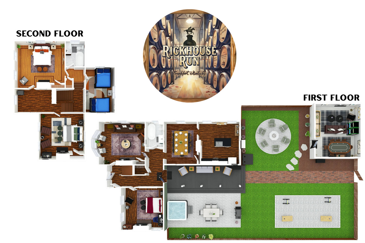 Two-story floor plan: main floor living, dining, kitchen, and outdoor access; four bedrooms and baths upstairs.