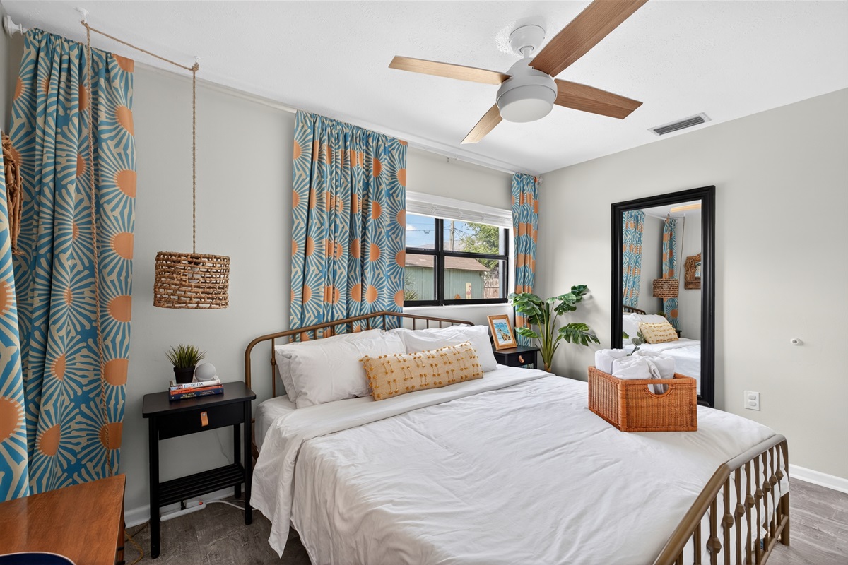 Sun Bedroom: KING, memory foam bed with blackout curtains.