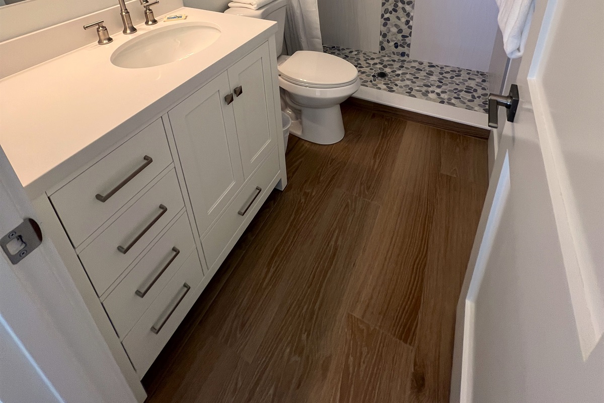 New master bath ensuite with walk-in shower. New glass doors installed after photo. 