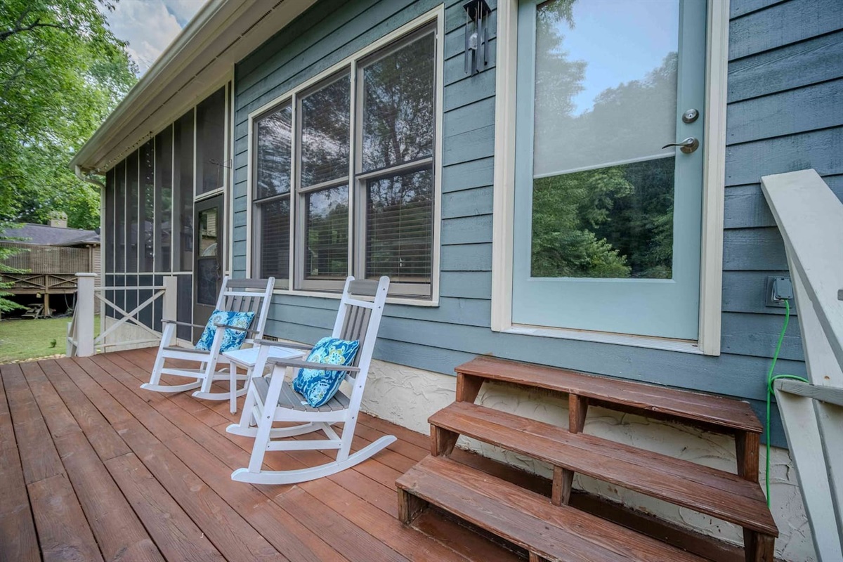 Relax in a rocking chair and soak in the fresh air on this charming deck. It’s the perfect spot for morning coffee, afternoon reading, or an evening of quiet conversation surrounded by nature.