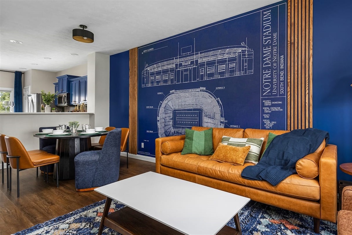 2nd floor living room with Notre Dame stadium mural