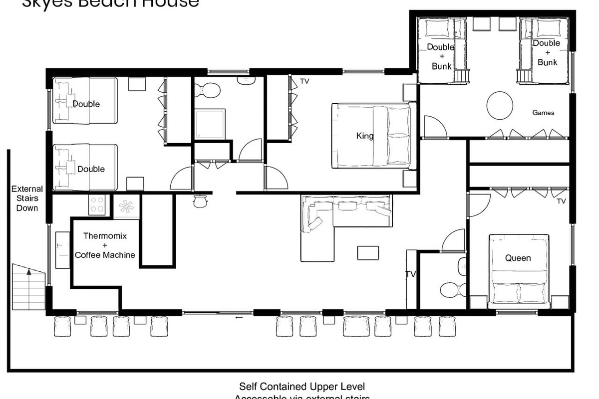 The floor plan makes the scale of Skye’s Beach House clear, with separate upper and lower levels set up for flexible coastal stays.