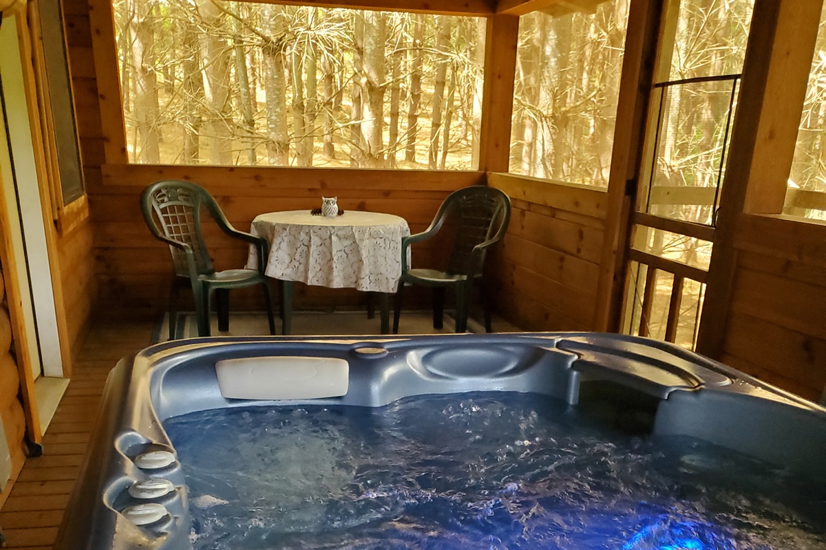Secluded on the screened cedar porch, the hot tub offers a private oasis for soothing soaks amidst the serene sounds of the forest.