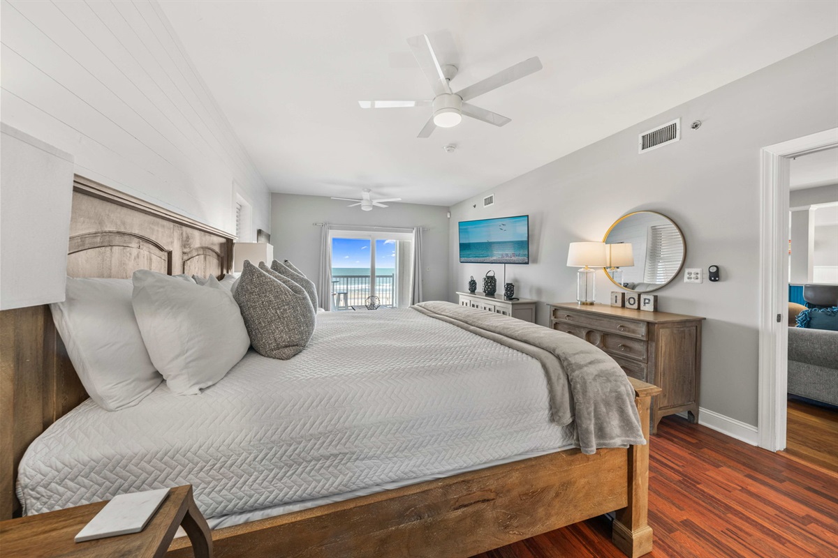 Bedroom 1: Primary King Suite  | Morning Sunrise | 302 Oceanview | 1116 Ocean Blvd, Isle of Palms, SC | IOP Escapes