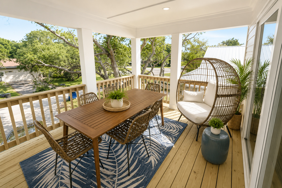 Live oaks frame every meal on the covered balcony — six seats around the long wooden table, a cushioned egg chair for lingering, and the kind of dappled shade that stretches lunch straight into happy hour.