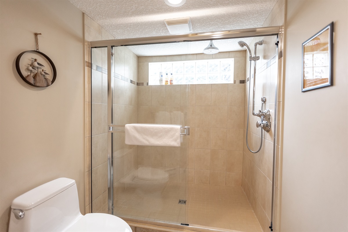 Unit B. Oversized Rain shower! Super large bathroom. Easy to move around. All linens provided. Body soap, shampoo and condtioner provided as well.