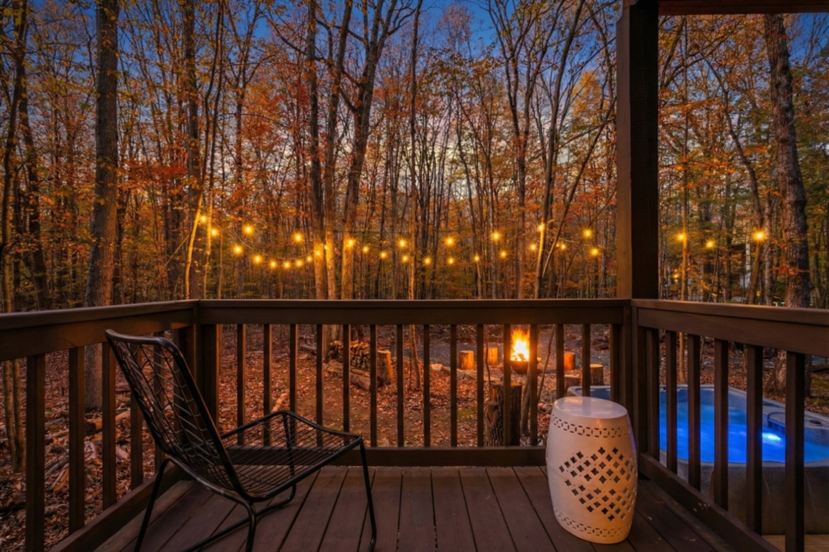 Every bedroom has it's own private deck or screened porch with a view of the woods and firepit