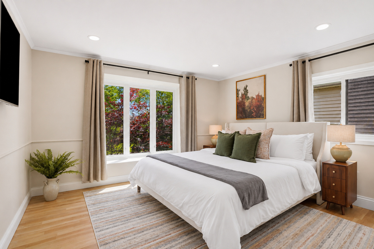 This bright and airy bedroom offers a comfortable king-size bed, neutral decor, and large windows that fill the space with natural light for a peaceful retreat.