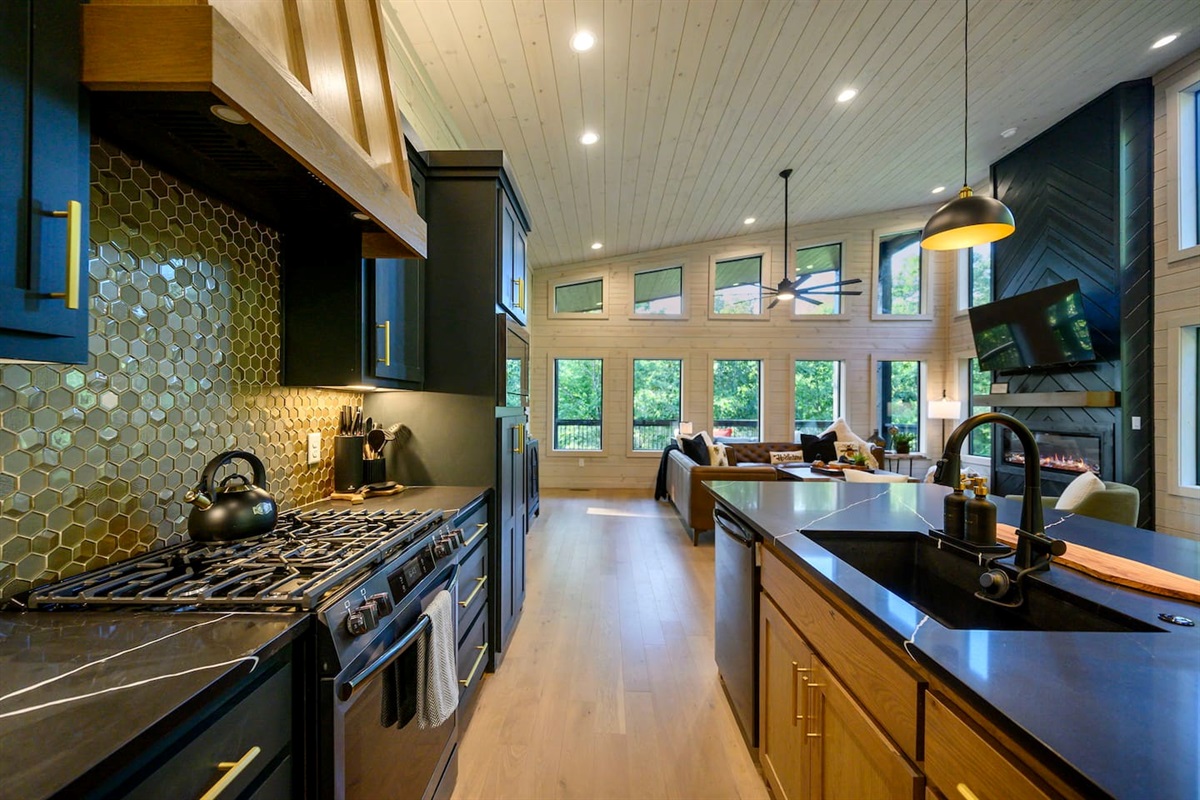 Check out the glass honeycomb backsplash!!!  Our chefs kitchen is fully loaded and a wonderful place to prepare meals!