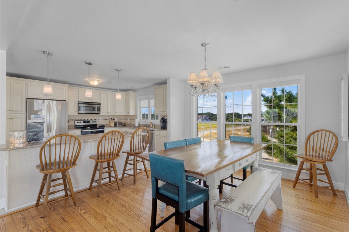 The dining area and bar offer plenty of space for eating, working, visiting, games and puzzles.